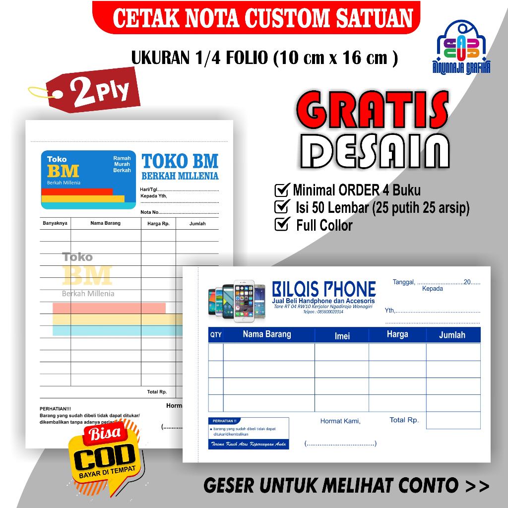 

CETAK NOTA CUSTOM, CETAK NOTA 2 PLY, NOTA CUSTOM, NOTA CUSTOM UKURAN 50 LBR, NOTA UKURAN 1/4 FOLIO