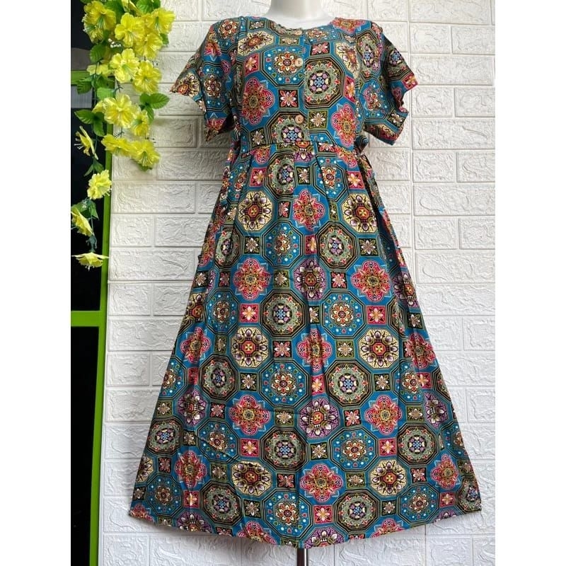 DRESS IBU LENGAN PENDEK KEKINIAN DASTER 47 BATIK KENCANA UNGU LABEL BIRU TALI PINGGANG PAKAIAN SANTA