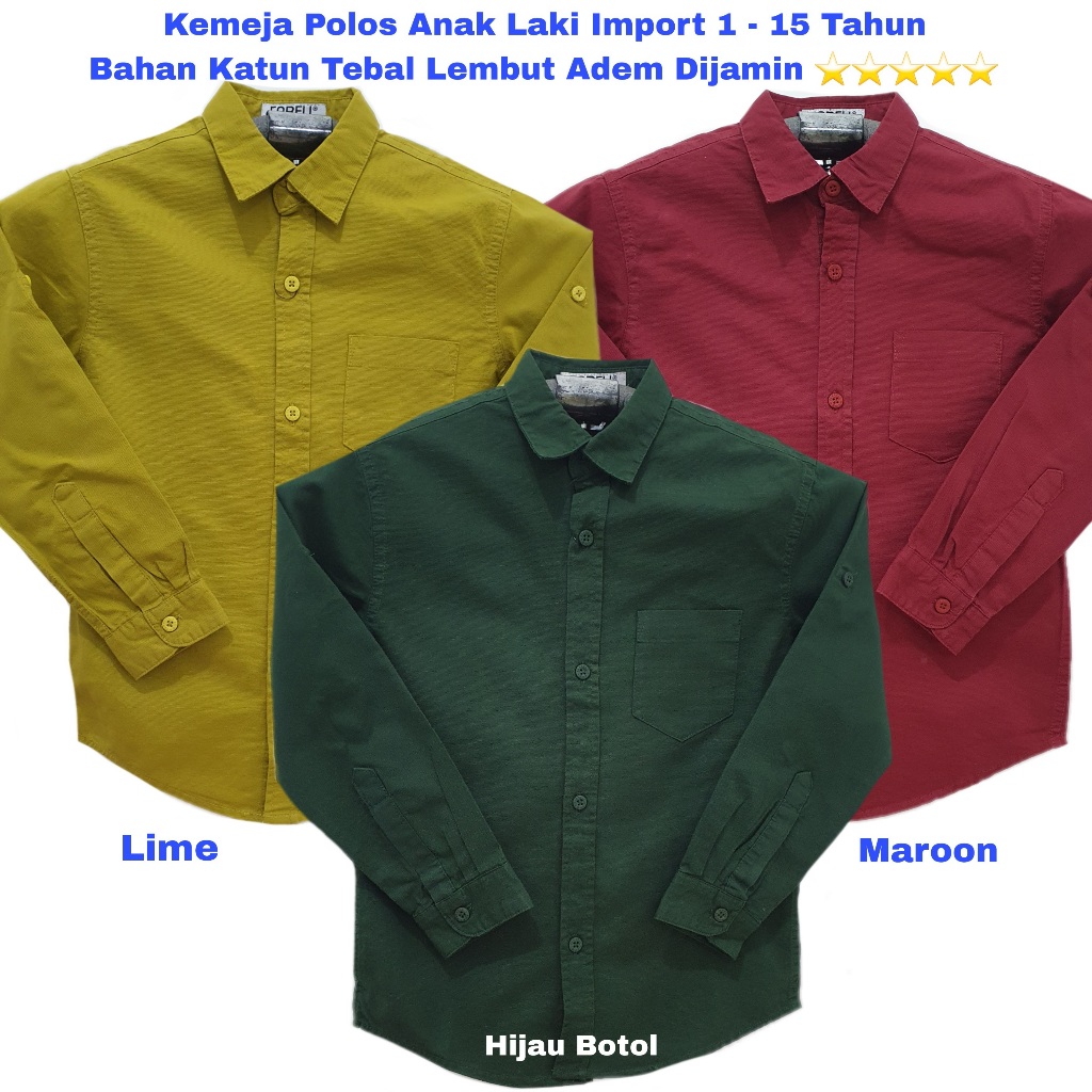 Kemeja Polos Anak Laki Laki 1-15 Tahun Katun Premium Lengan Panjang Hem Tanggung Remaja Warna Maroon