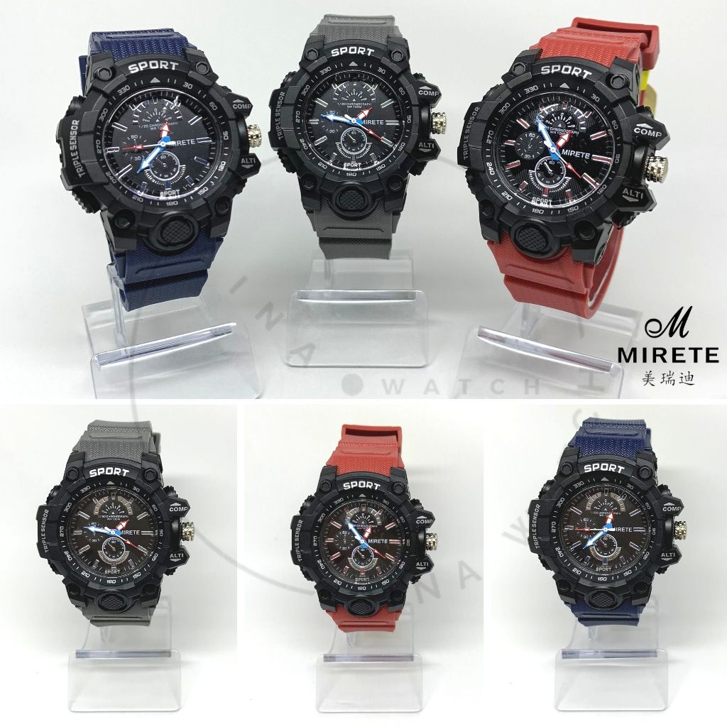 Jam Tangan MIRETE MRT-SP04 Sport Olahraga Mesin Analog Strap Rubber Karet Hitam Original