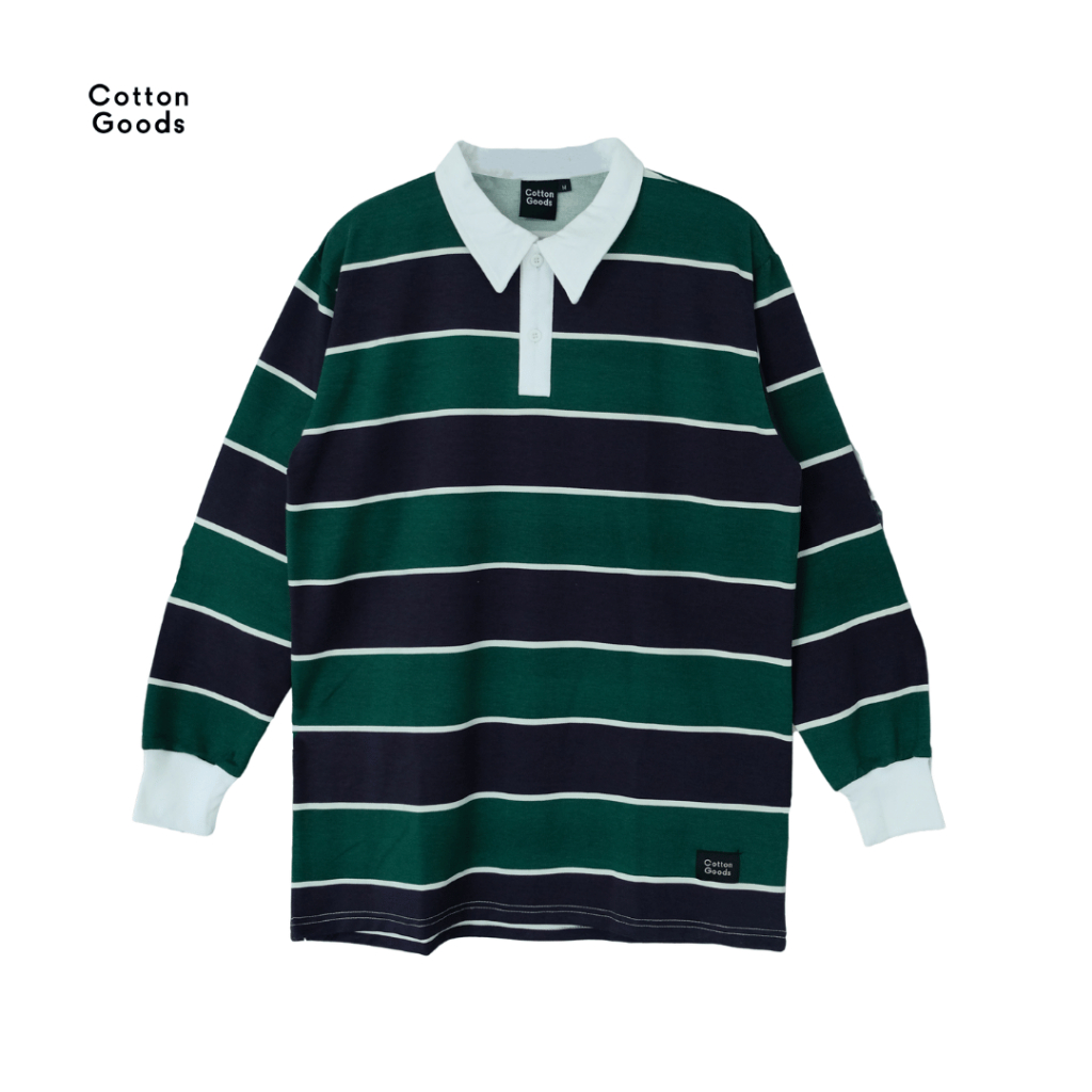 Cotton Goods Kaos Panjang Striped Vintage Rugby Polo Shirt Twill Spandex Long Sleeve Claes Navy Gree