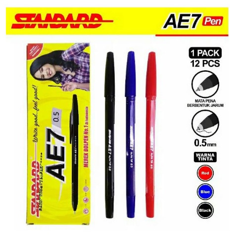 

(1 Pcs) Pulpen Standard AE7 0.5mm / Bolpen Bolpoin Standart AE-7 / Bolpoint Ballpoint Standar Hitam Merah Biru