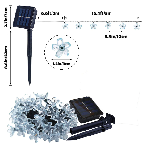 Lampu LED String Tenaga Surya Lampu Hiasan Taman Outdoor Model Sakura/Bintang/Bola 30 LED 10M