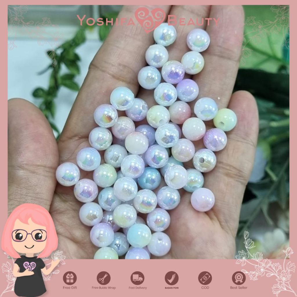 Manik Akrilik Bulat Kilap Glowing  Pelangi | Mote Bulat Warna Pelangi | Manik Bola Glossy 50 Pcs