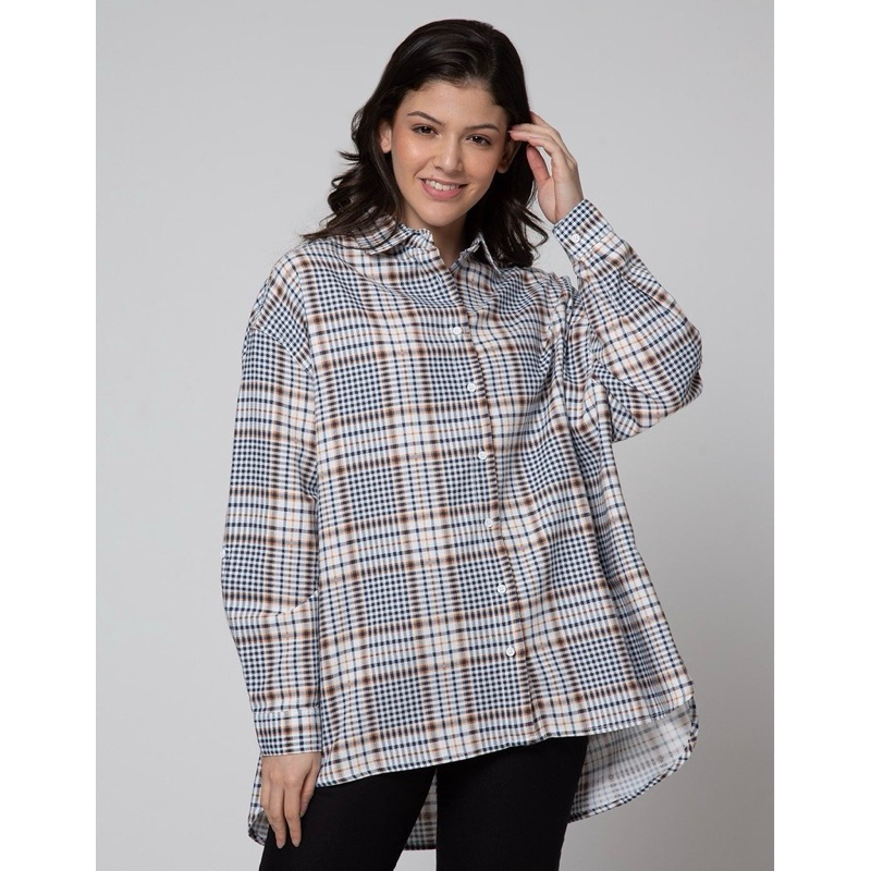 Nevada Kemeja Putih abu Wanita Lengan Panjang Flanel Oversize Fit