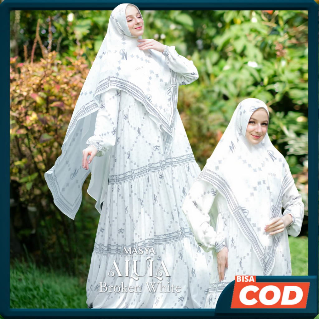 Set Gamis Dress Ceruty Babydoll Printing Premium Syari Warna Putih Broken White Mewah Masya Syari Or