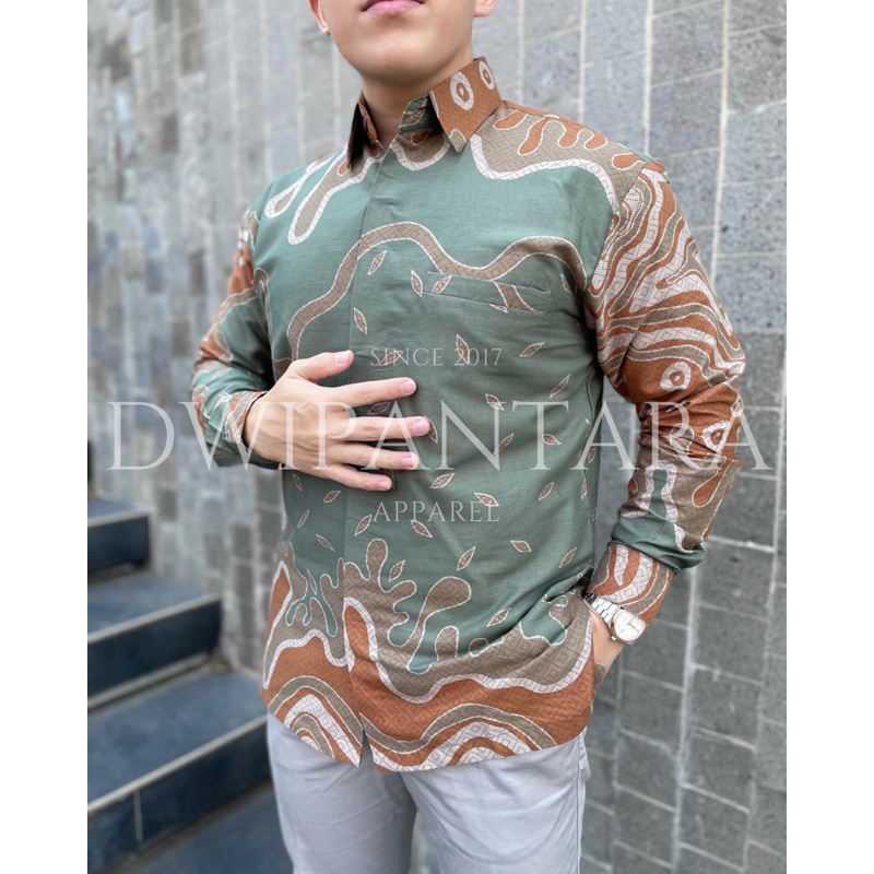 Batik Calang Sage Green Terakota, Batik Pria Premium, Lengan Panjang, Katun Furing