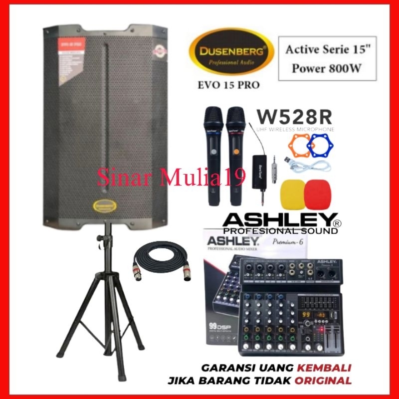Paket Karaoke 15 Inch Speaker Dusenberg EVO 15 PRO Mixer ASHLEY Premium 6 Mic Wireless BateTone W528