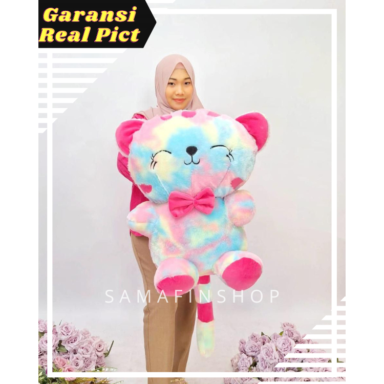 Mainan boneka kucing kawai jumbo pelangi LED besar lembut lucu