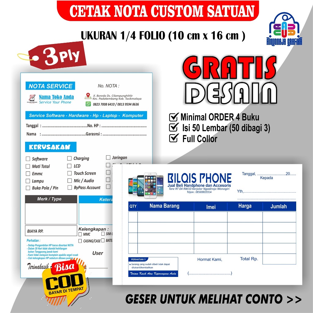 

CETAK NOTA CUSTOM UNTUK SERVICE HP UKURAN 1/4 FOLIO 16X10 CM