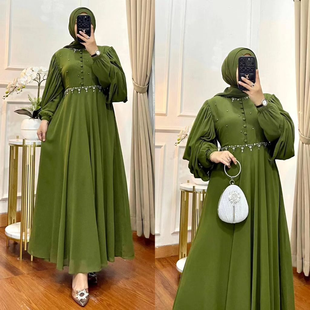 Terbaru - Baju gamis wanita aplikasi payet mutira mewah full puring terbaru - Dress model lengan bal