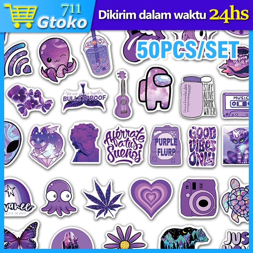 

50 Pcs Sticker Pack Ungu PVC Waterproof Stiker Laptop Koper Helm Tumbler Gitar