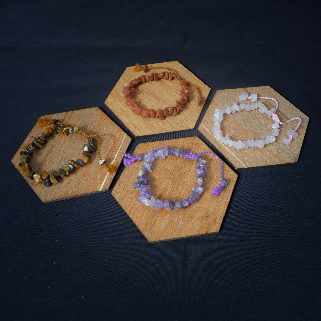 Gelang Kristal Chip Kristal Asli, Gelang Susun Manik-manik Kuarsa Mawar/Amethyst untuk Wanita