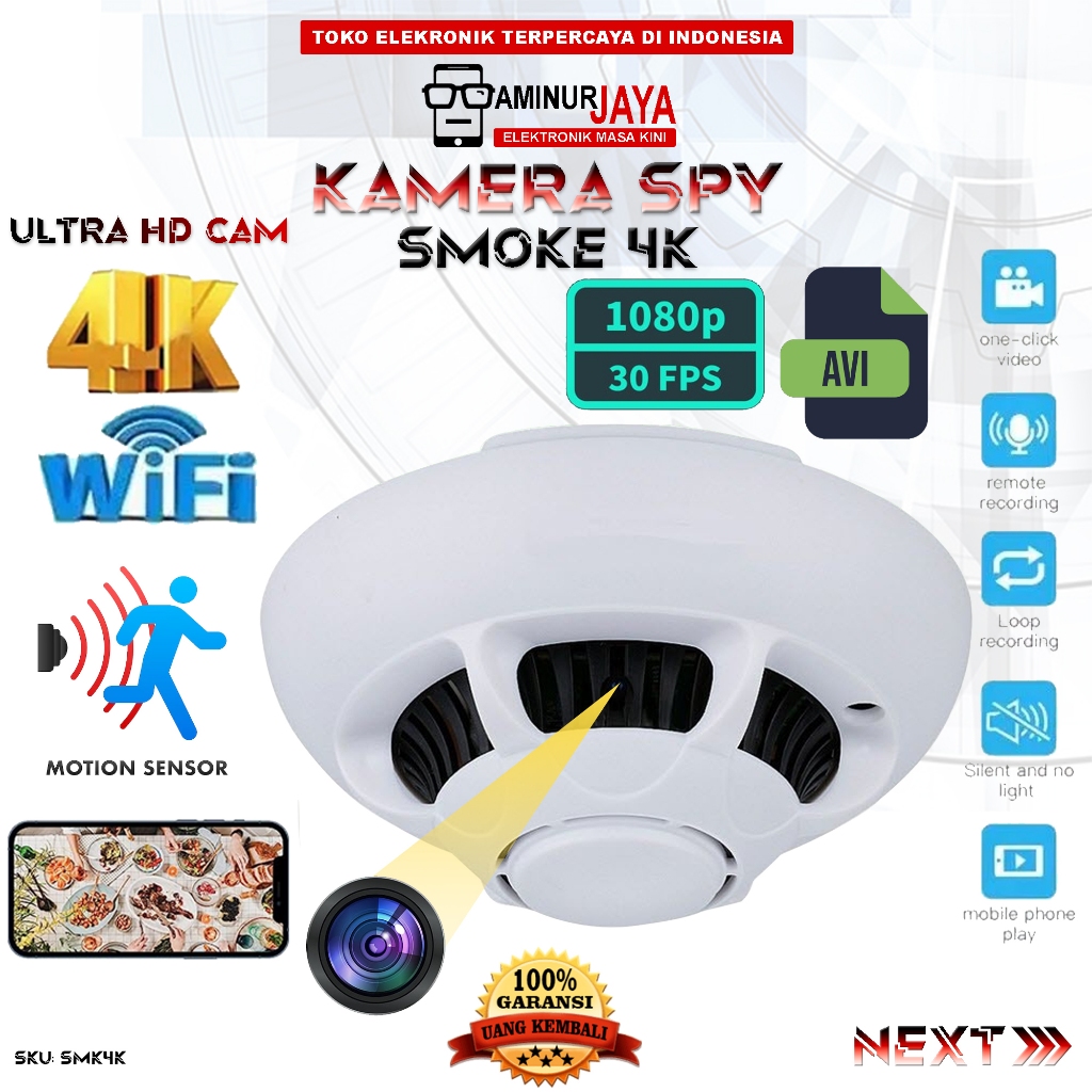 Hidden Camera Wifi Full HD 1080P 4K Model Smoke Detector Spy Kamera CCTV Pengintai Pengawas Sistem K