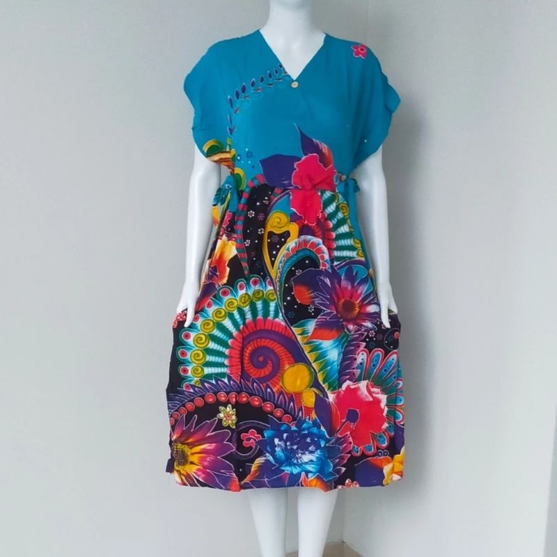 Daster Selempang Batik Kencana Ungu Asli Original Label Biru Model Kimono Salempang Depan Tali Ikat 