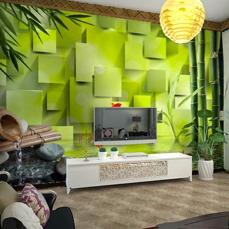 WALLBANNER-WALLPAPER 3D CUSTOM gb.bambu ikan dan kotak hijau