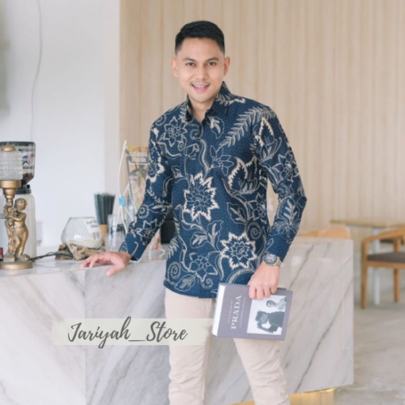 Kemeja Batik Flower Navy Slimfit Premium Lapis Furing / Kemeja Batik Pria Slimfit