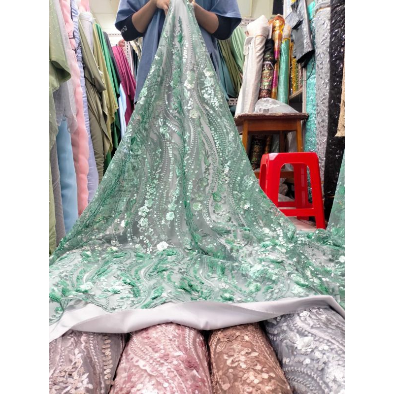 BAHAN/KAIN TILE BORDIR SQUIN BUNGA/TILE PAYET BUNGA