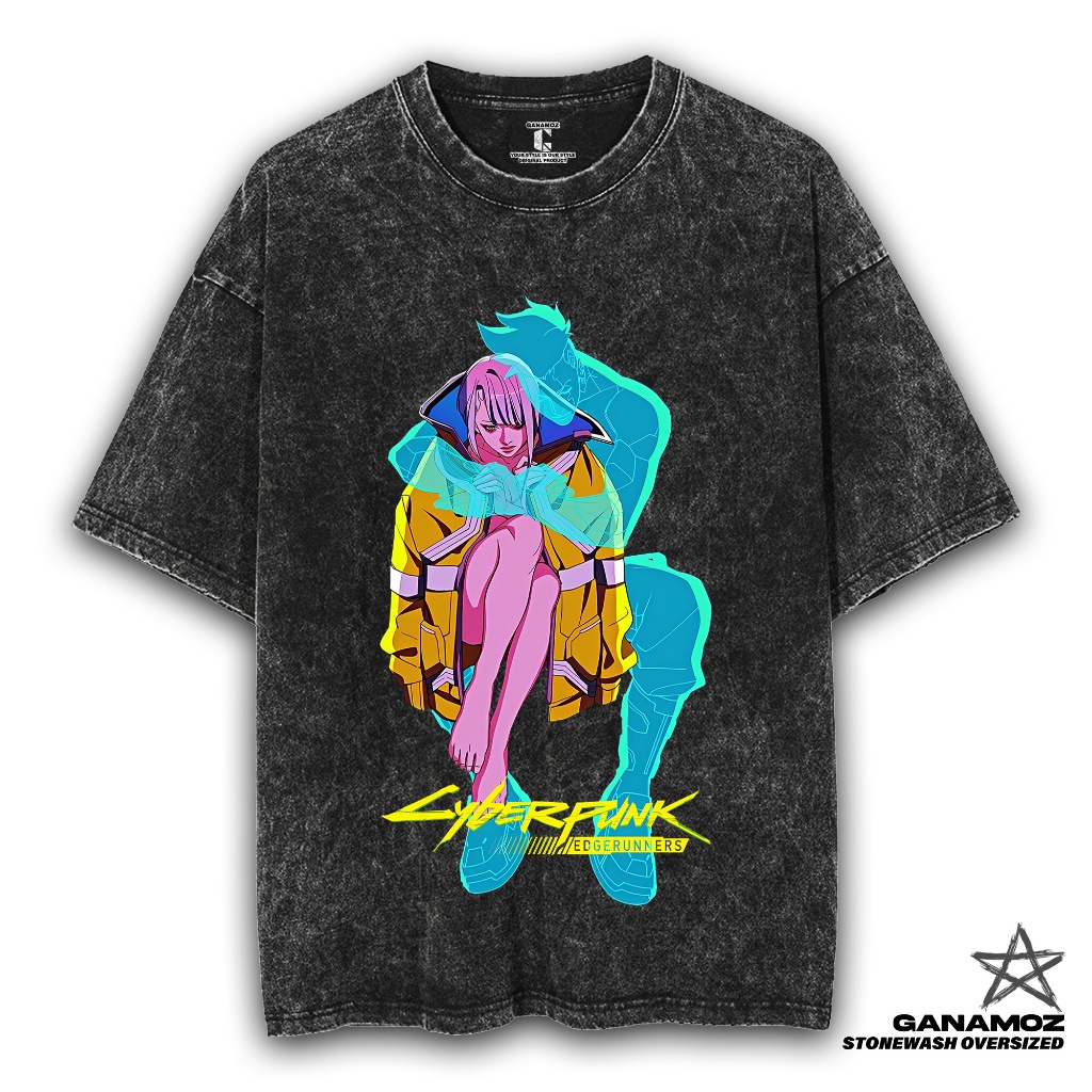GANAMOZ Kaos Anime CYBERPUNK EDGERUNNER Stone Wash Oversize T-shirt | Kaos Oversize Wanita | Kaos Ov