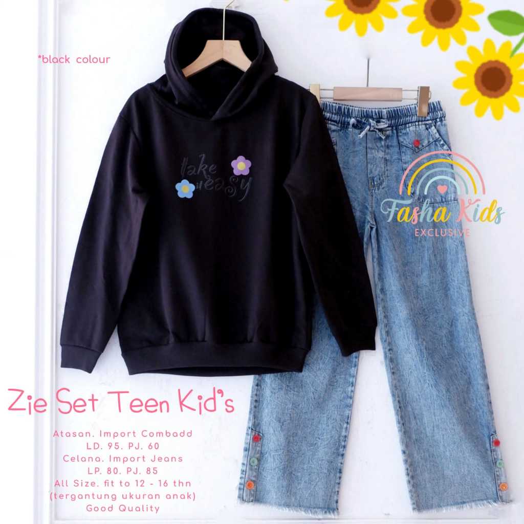 ZIE SET TEEN KIDS SETELAN BAJU ANAK REMAJA PEREMPUAN HOODIE DAN CELANA KULOT JEANS ONESET CASUAL MOD