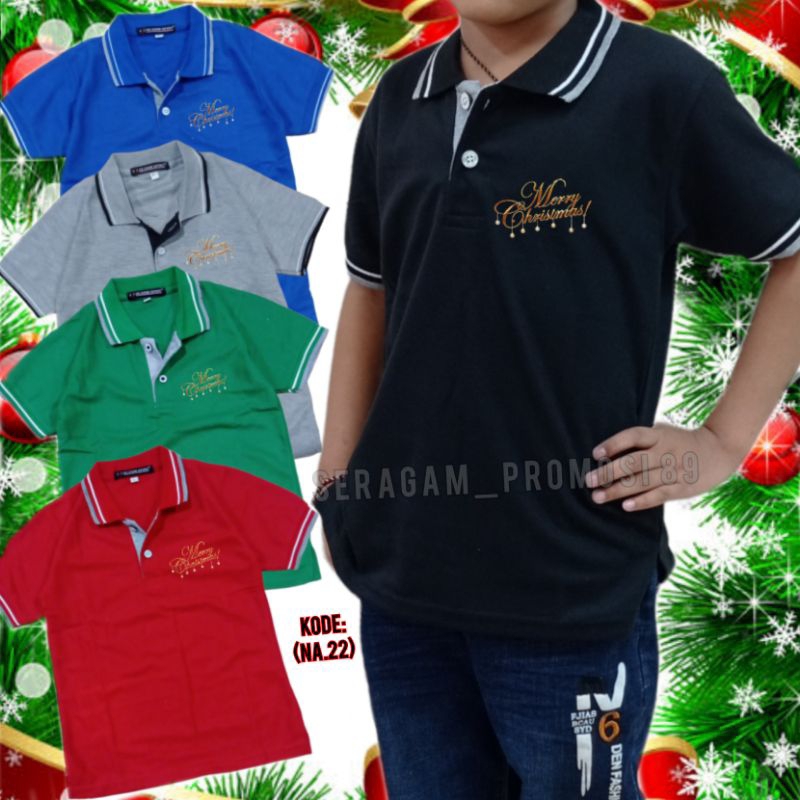Atasan Kaos Kerah Poloshirt Natal merry Christmas Anak-Anak Unisex 3-11Tahun / Kaos Natal Anak Sekol