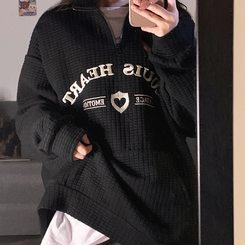 TAYCEN Mantel Kebesaran Lengan Panjang Hoodie Longgar Wafel Gaya Korea Wanita