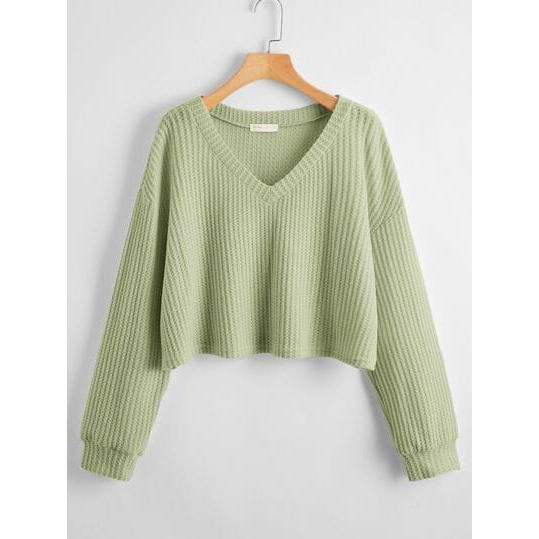 Sweater Crop Top Waffle Kerah V New Arrival [ DISTRO RIB UMI