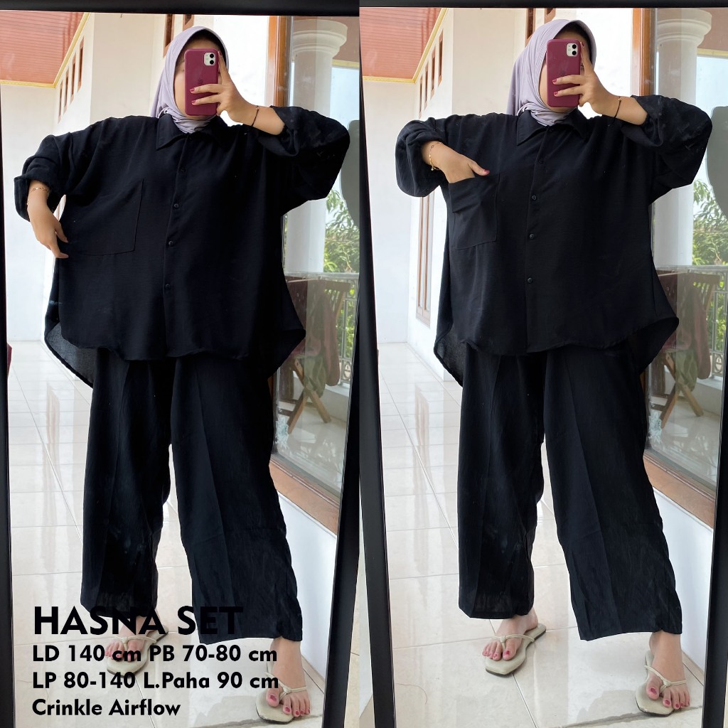 Setelan Wanita Set Muslim Polos Jumbo Besar LD 140 Atasan Tunik Kemeja Bawahan Celana Panjang  Muat 