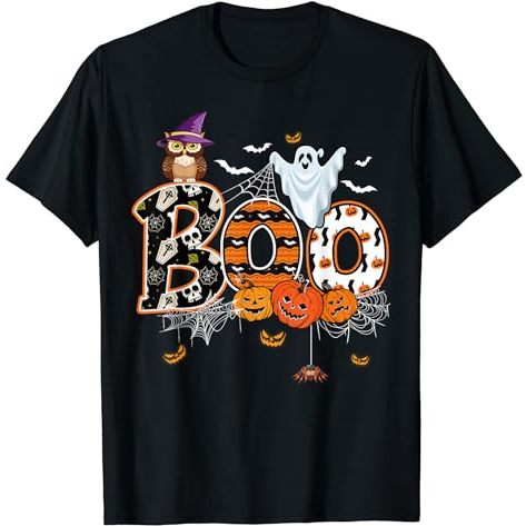 Baju Kaos Dewasa Boo Creepy Owl Pumpkin Ghost Funny Halloween Costume T-Shirt