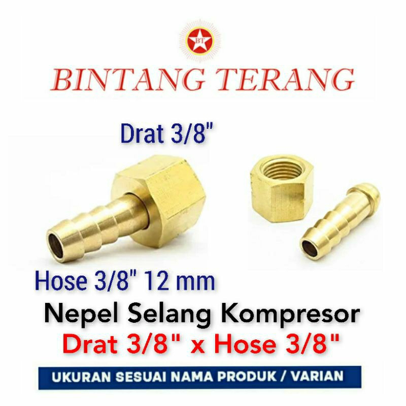 Nepel Selang Kompresor 3/8" x 3/8" / Nepel Drat Dalam Keran Kompresor / Nipple Nepple Kran Angin