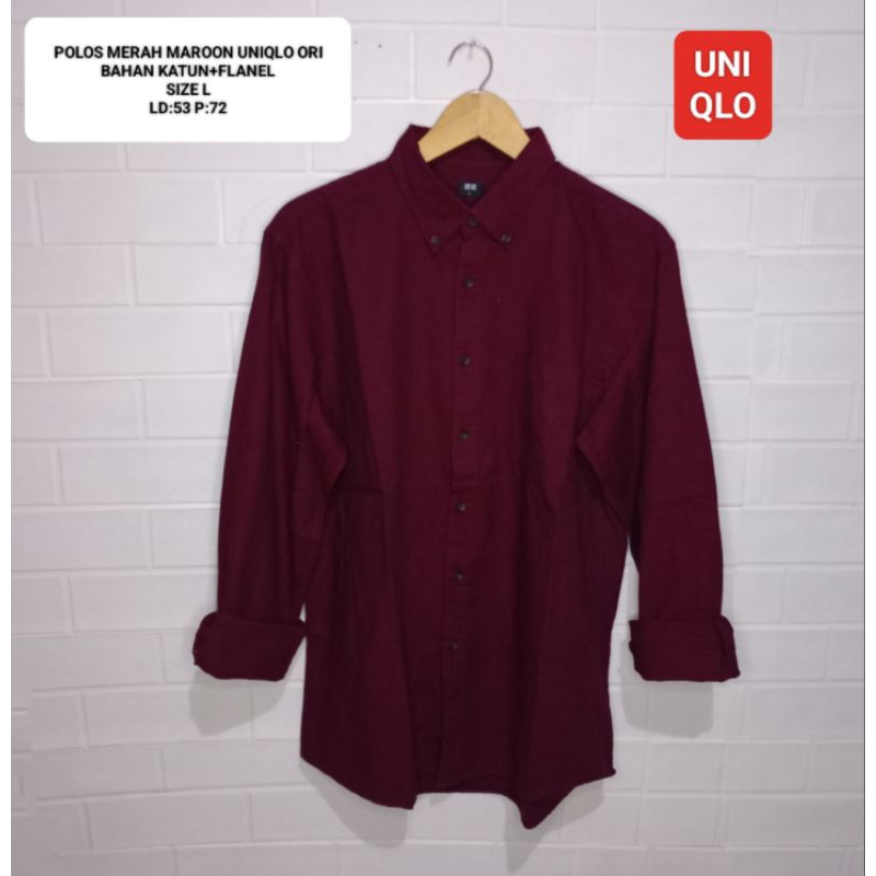 KEMEJA POLOS MERAH MAROON UNIQLO ORI SIZE L BAHAN FLANEL KATUN