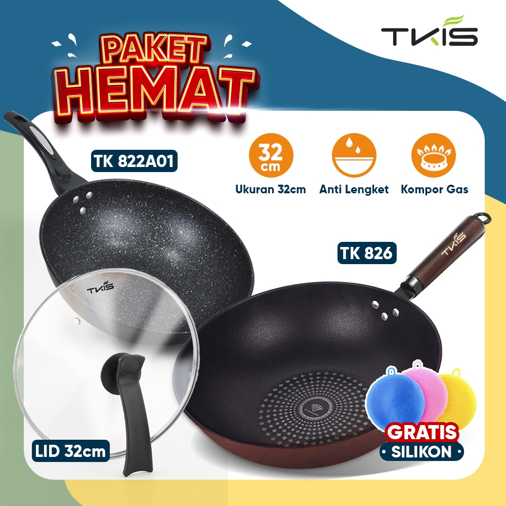 PROMO TKIS KITCHENWARE PAKET HEMAT 4IN1 PANCI WOK PAN DIAMOND 32CM + WAJAN BATU MEDIS UKURAN 32CM +