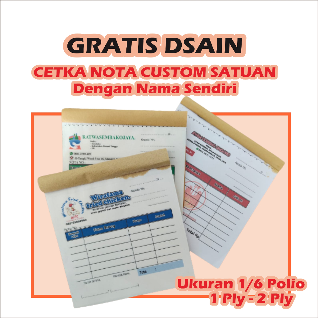 

CETAK NOTA CUSTOM NAMA TOKO SENDIRI FULL COLOR ukuran 1/6 polio 10 x 11 Cm 1/6 polio 1 ply 2 ply 3 Ply