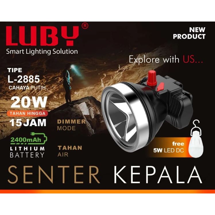 Luby Senter Kepala L2885 20W Bonus Bohlam DC Emergency Lampu Tahan 15Jam Saklar Dimmer Puteran Volum