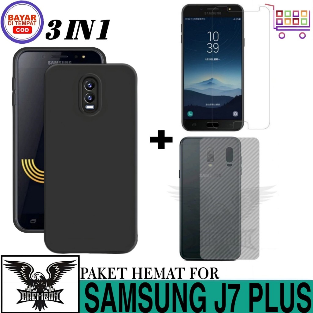PAKET 3IN1 CASE SAMSUNG J7 PLUS SOFT CASE PRO CAM FREE TEMPERED GLASS DAN GARSKIN