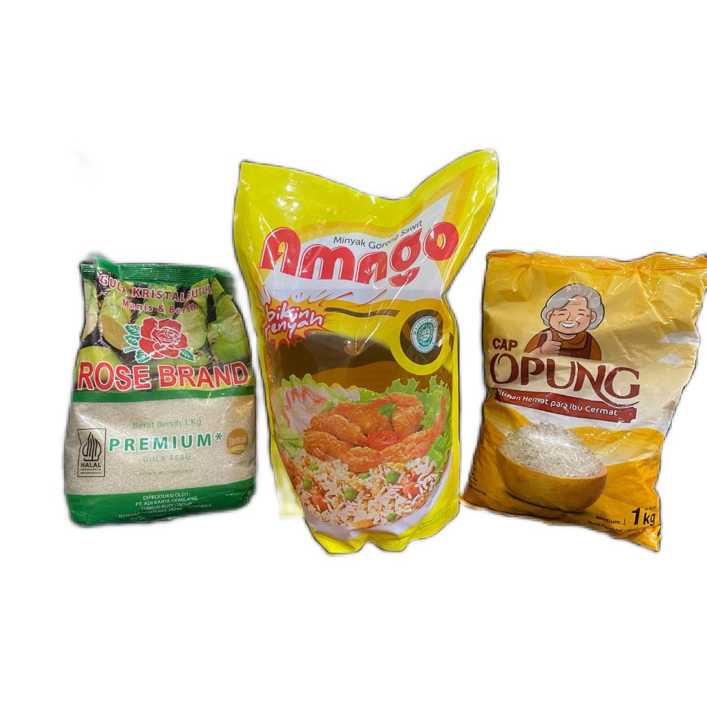 

paket sembako ( Minyak Goreng Amago 2L + Gula Rose Brand 1Kg + beras opung 1Kg)