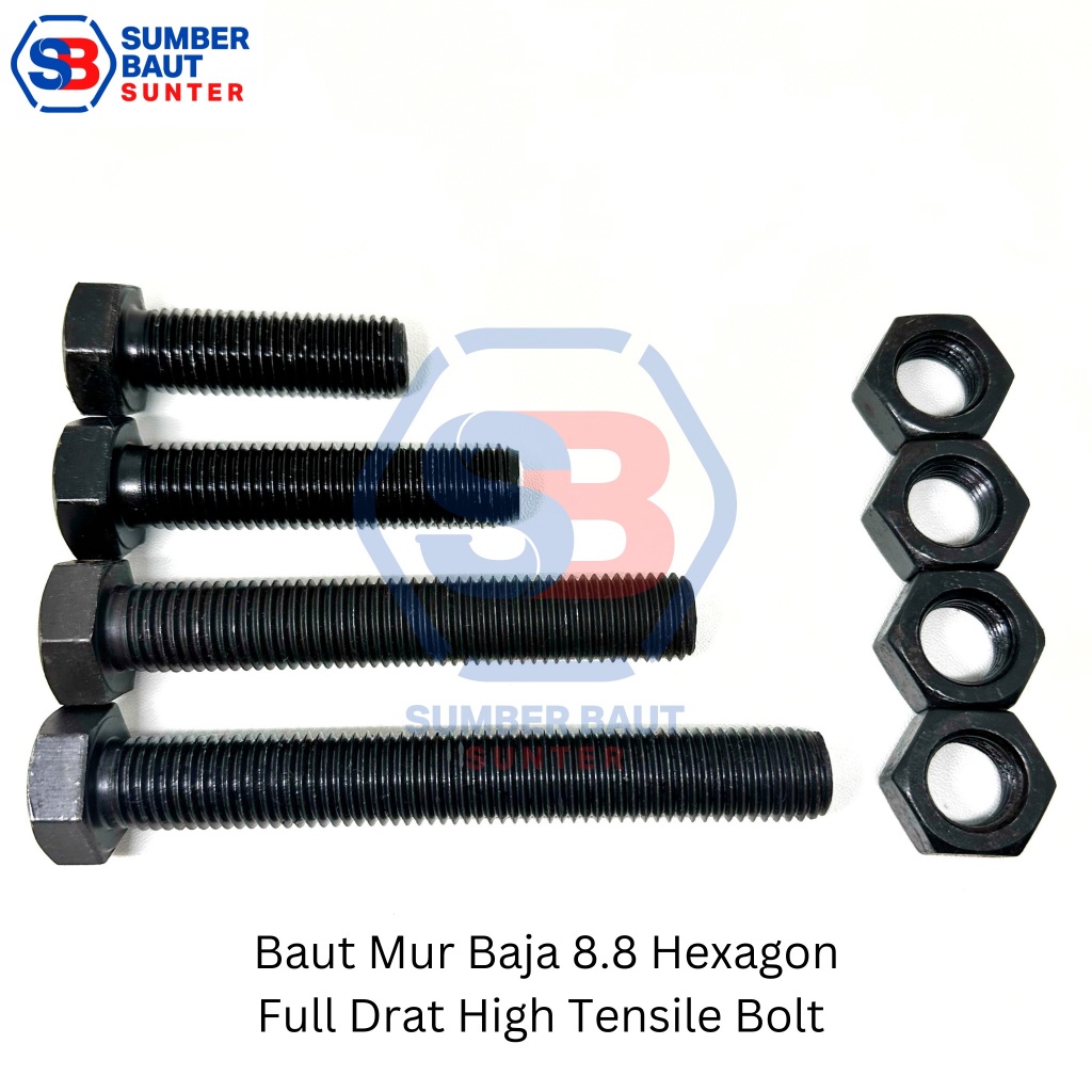 M10x150 Baut Mur Baja 8.8 FULL DRAT Hitam Hex HTB High Tensile 10x150