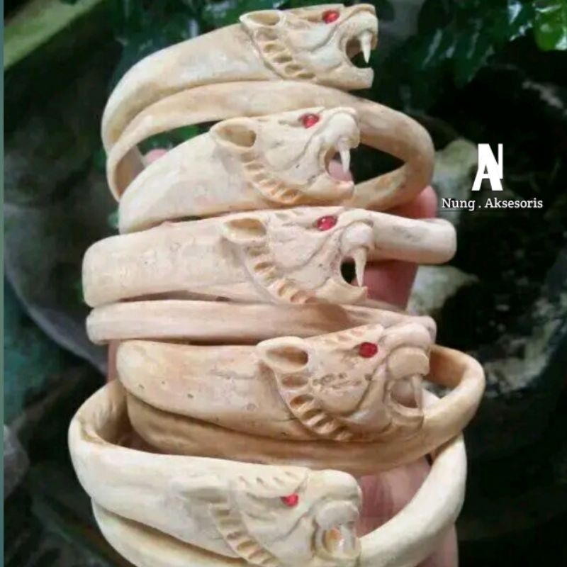 gelang akar bahar putih asli ukir macan maung