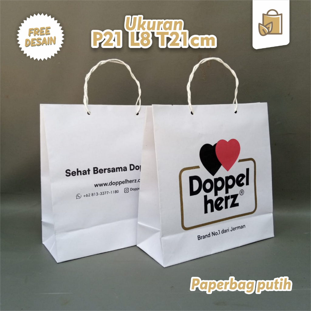 

Paperbag Kraft Putih Uk 21*8*21cm Free Desain dengan Sablon