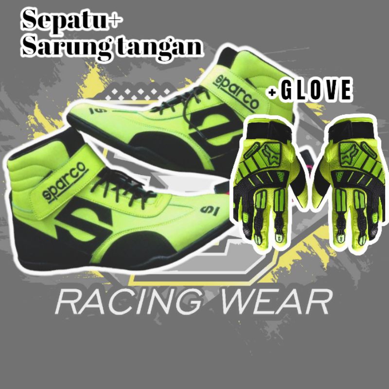 PAKET SEPATU DRAG + SARUNG TANGAN KARET DRAG BIKE RIDING SUNMORI TOURING MOTOR SLALOM GOKART FLUO STABILO MURAH BANDUNG