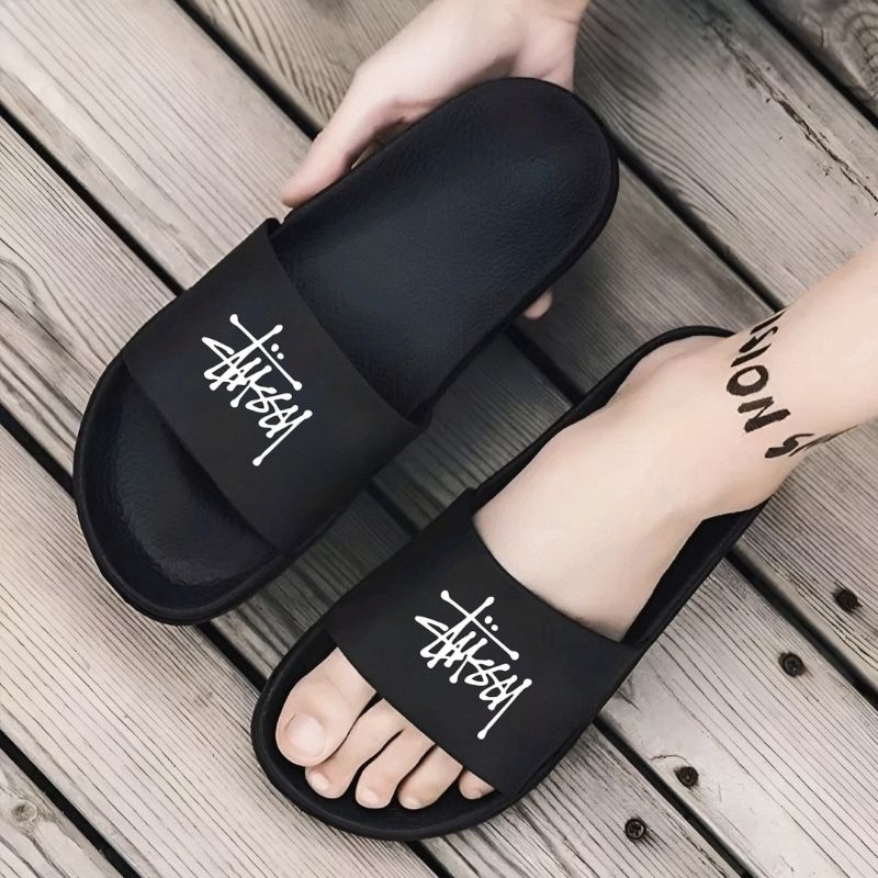 Sandal Sport Slip On Casual Slipper Polos Hitam Motif - Sendal Slide Fipper Sporty Pria Wanita - San