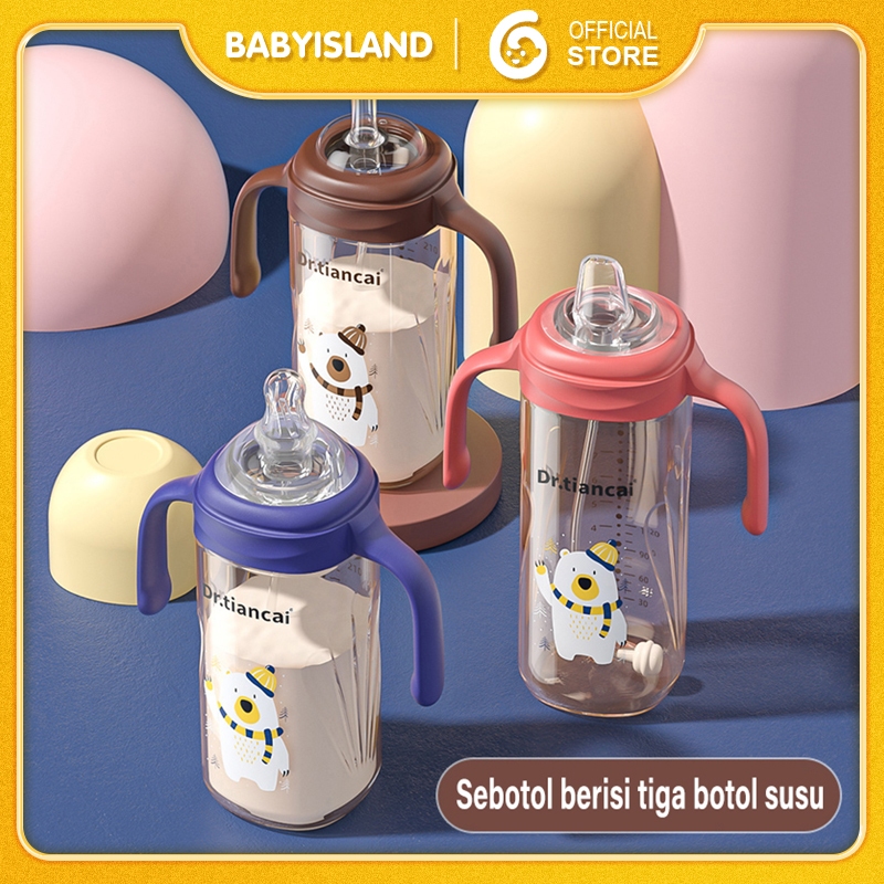 1 Cangkir 3 Dot Botol Susu Bayi Gelas Anak Anti Tumpah Botol Kartun 320ML Bayi Susu Bottle Sedotan