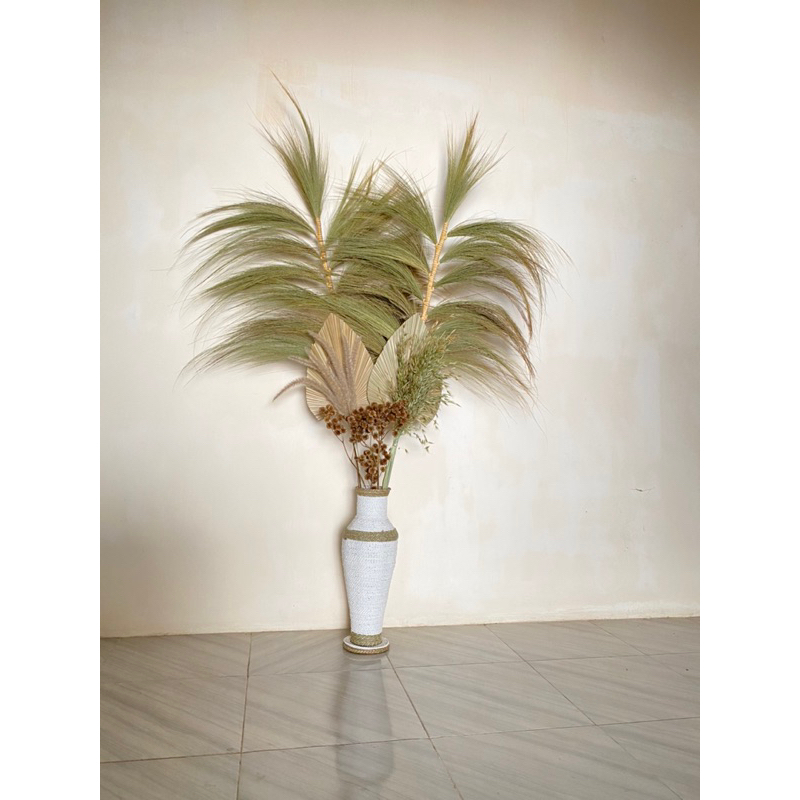 Paket Dekorasi Bunga Kering dan Pot Guci | Daun Palem Kering | Rayung | Dekorasi Estetik