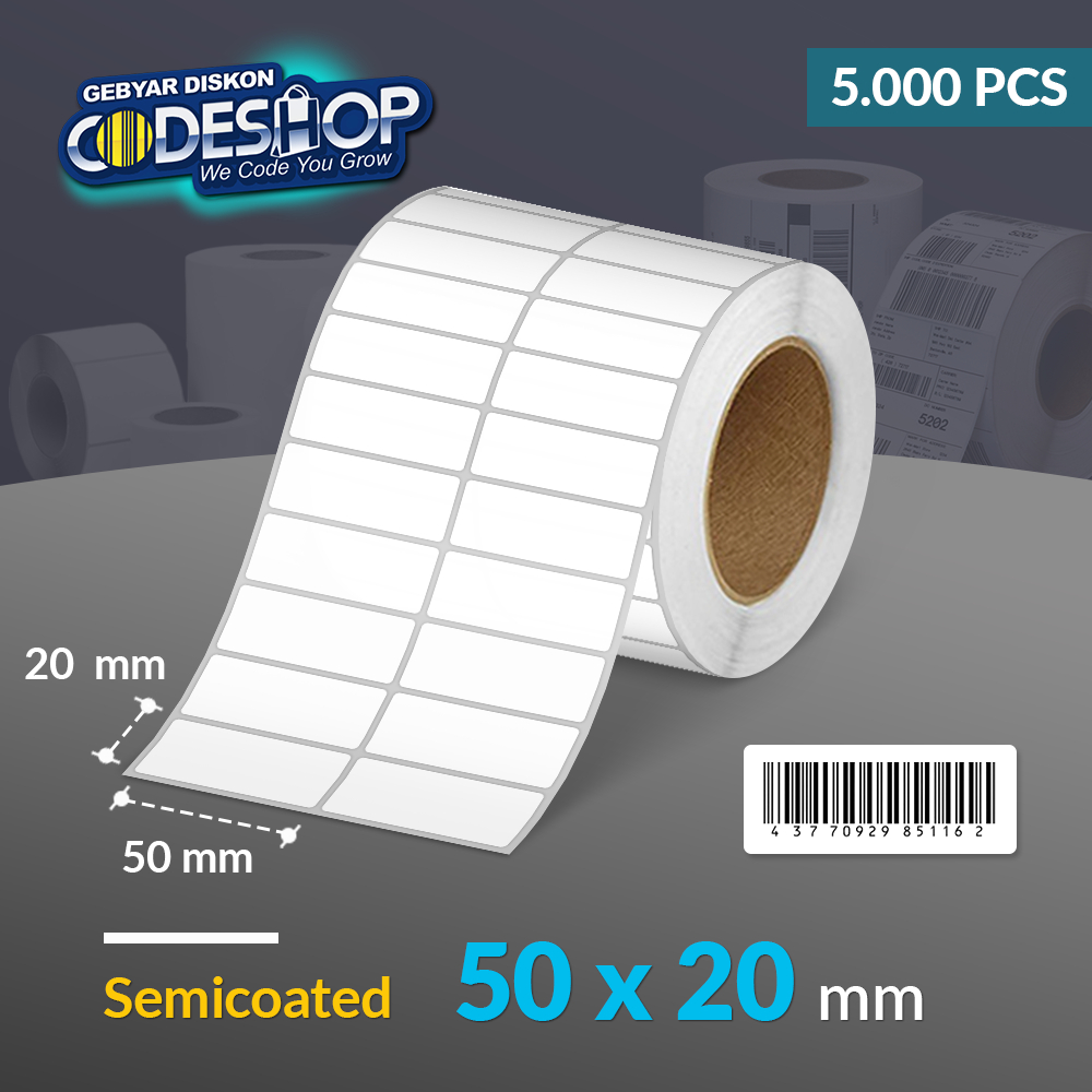 

Codeshop Label Semicoated 50 x 20 mm 2 Line Stiker Printer Barcode Industrial Core Besar 3 Inch isi 5.000 Pcs