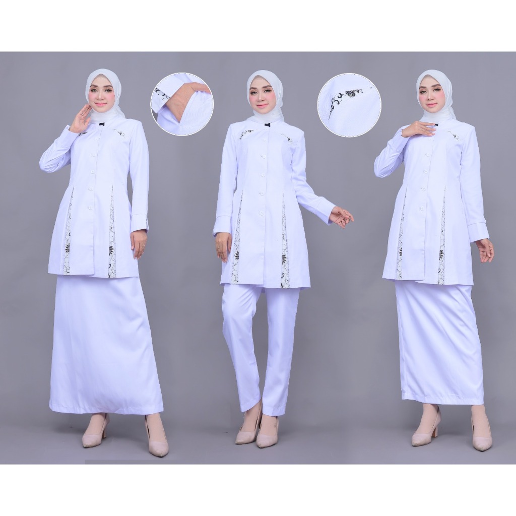 Seragam Tunik Putih Belah Kombi Batik Wanita bawahan rok span/rok.a/celana Bahan katun Free Hijab