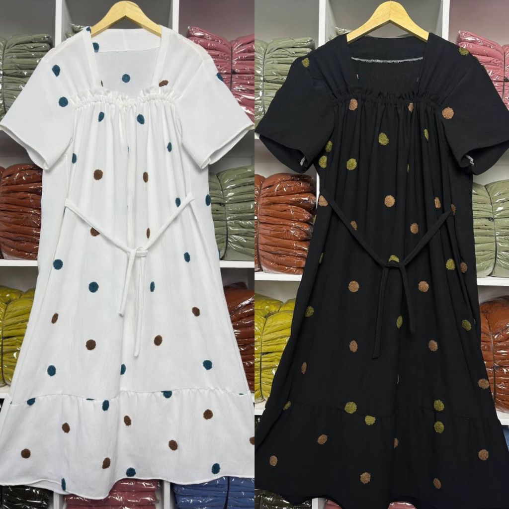 Fuji Pompom Polka Crinkle Airflow Daster Pakaian Wanita Dress Murah