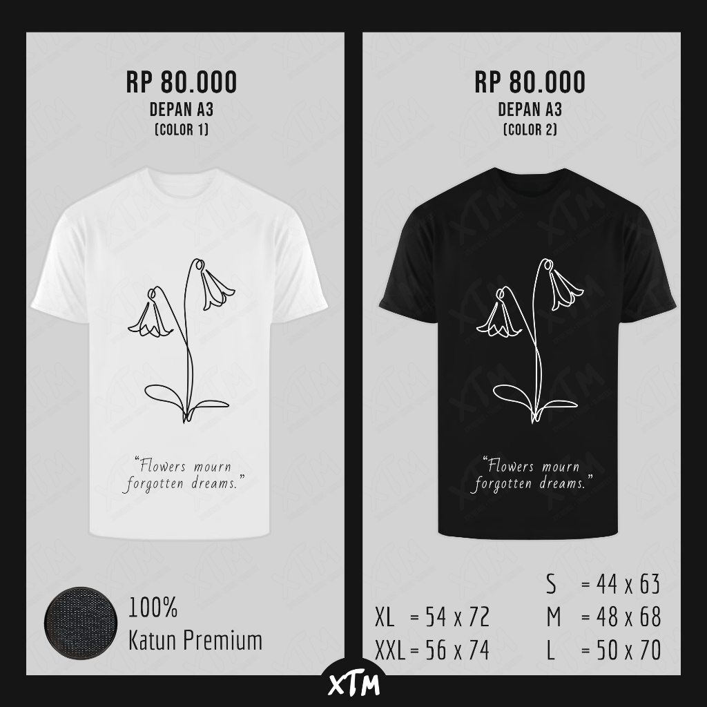 Kaos wanita pria lengan pendek S M L XL XXL motif line art bunga model2 / Baju atasan wanita pria mu