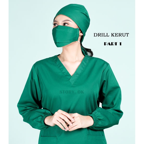 Baju ok Lengan Panjang Kerut Seragam Oka Perawat Scrub Medis  Drill Premium