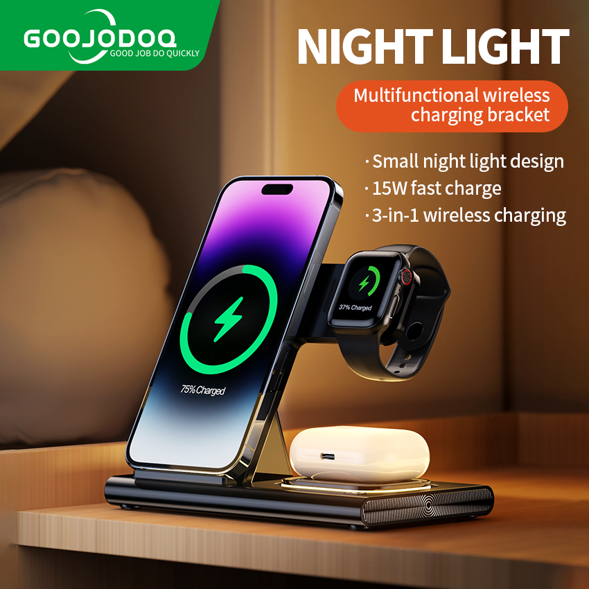 Goojodoq 15W 3in1 Magnetic Wireless Charger Stand Wireless Charging Desktop Night Light For iwatch F