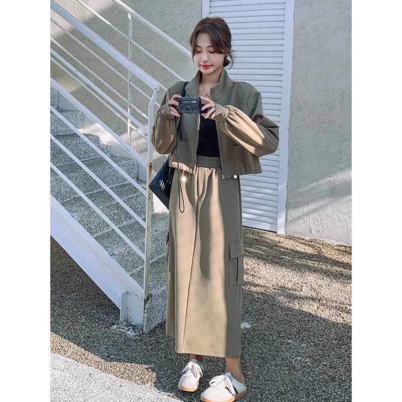 ONE SET CARGO ROK WANITA ROK CARGO SET JACKET CROP KOREAN STYLE TERBARU CARGO